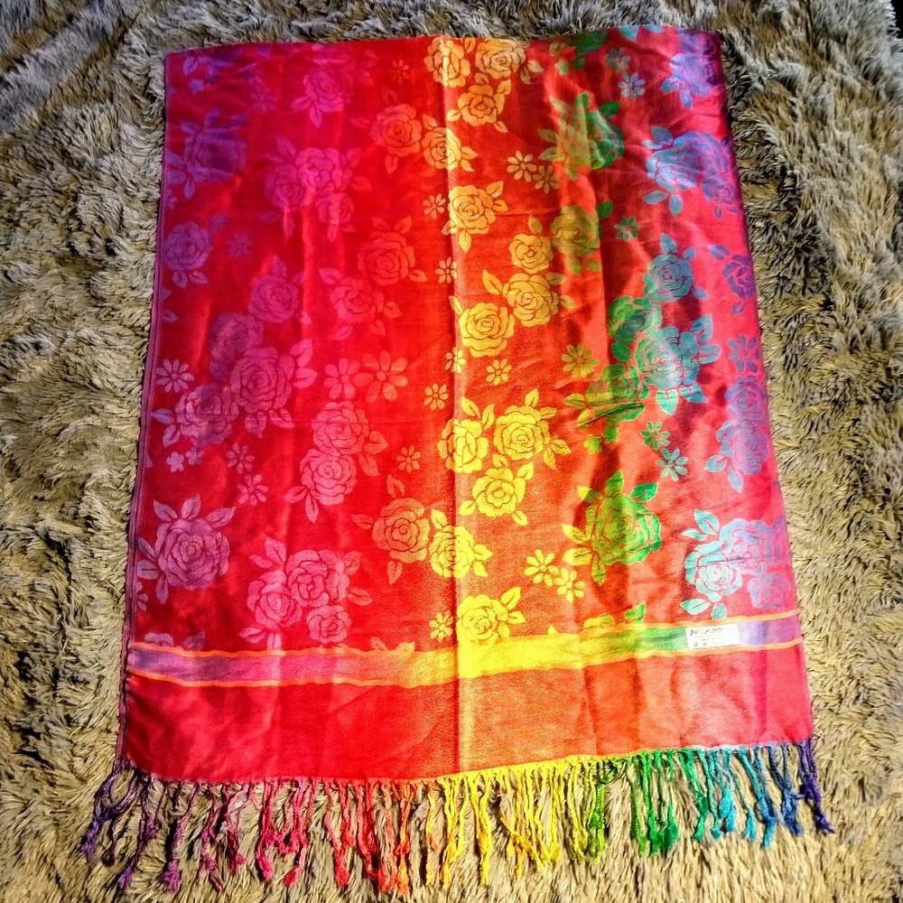 (SOLD) ❤️💐 Red Floral Rainbow Pashmina Scarf